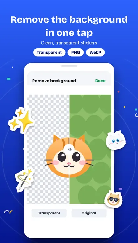 AI background removal in GIF Sticker Maker showing transparent and original views